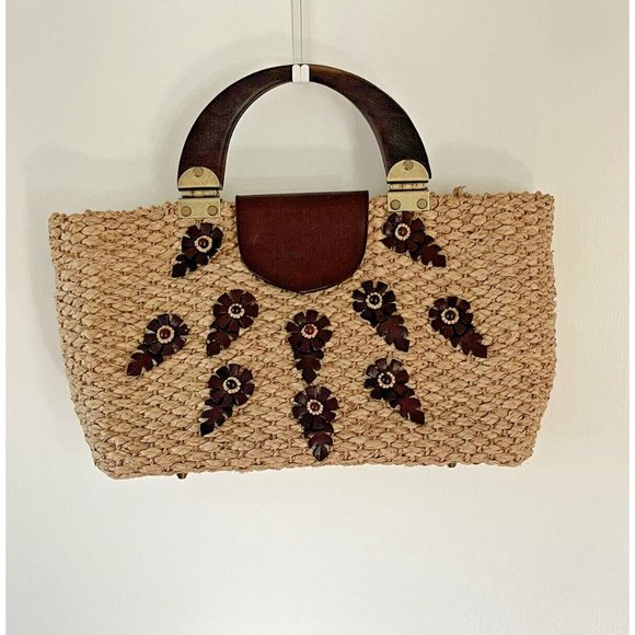 Tocca Natural Straw Wood  Brown Floral Leather Footed Satchel Tote Purse 15 x 19 - Picture 2 of 10